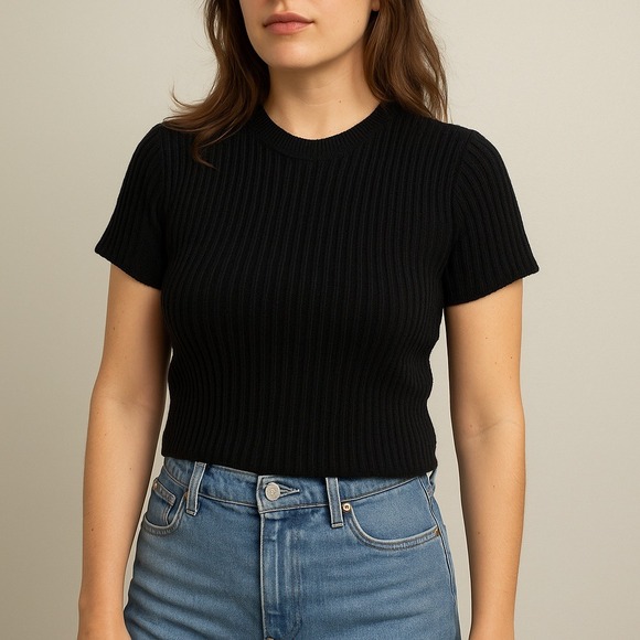 Rachel Comey Top Womens Medium Black Ribbed Knit Short Sleeve Cropped Preppy - Picture 1 of 8
